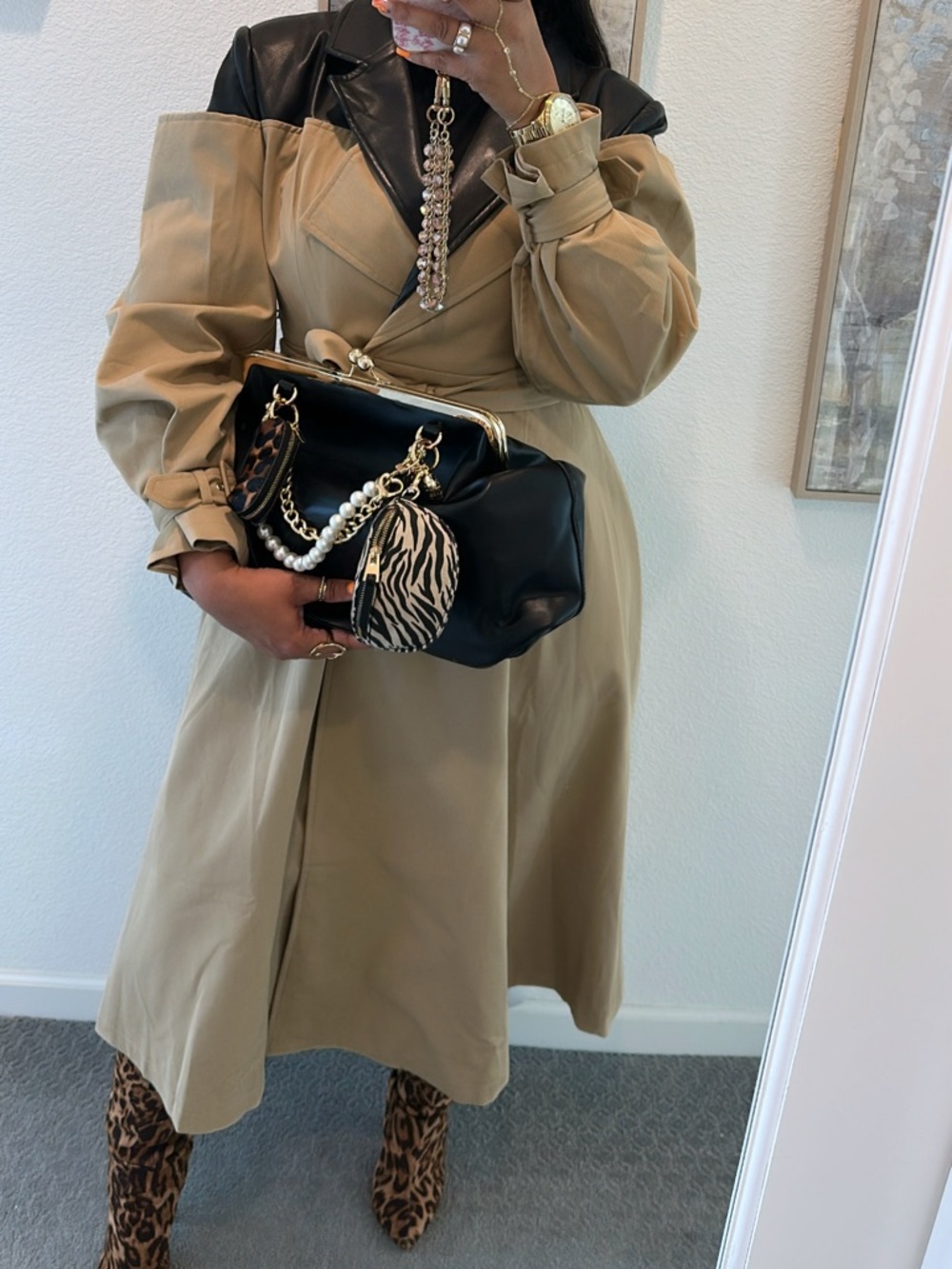 Beige Trench Coat with Black Leather Collar - Women - Picture 3 of 6